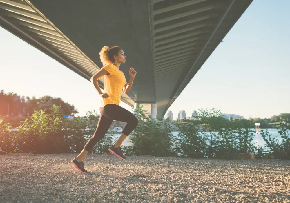 Woman running, healthy life goals.