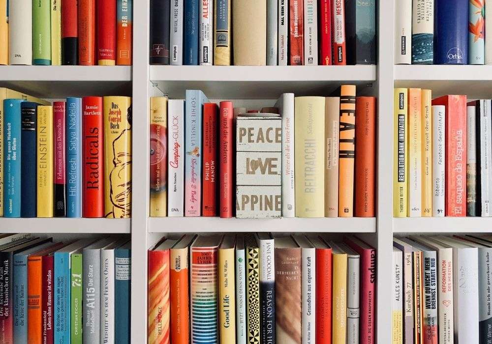 A shelf full of books on purpose.