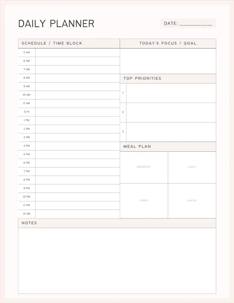 Daily Life planning worksheet