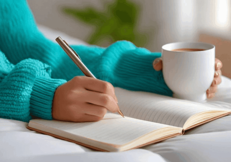 Photo of a woman in a teal sweater writing in a journal with her right hand and holding a cup of coffee in her left hand.