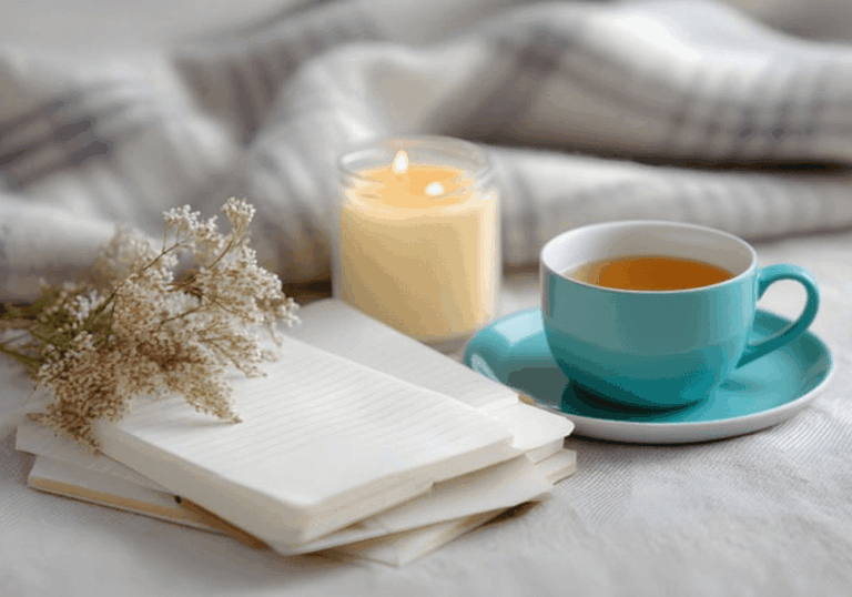 A photo of an empty journaling notebook, small flower bouquet, lit up candle, blanket, and teal teacup & saucer.