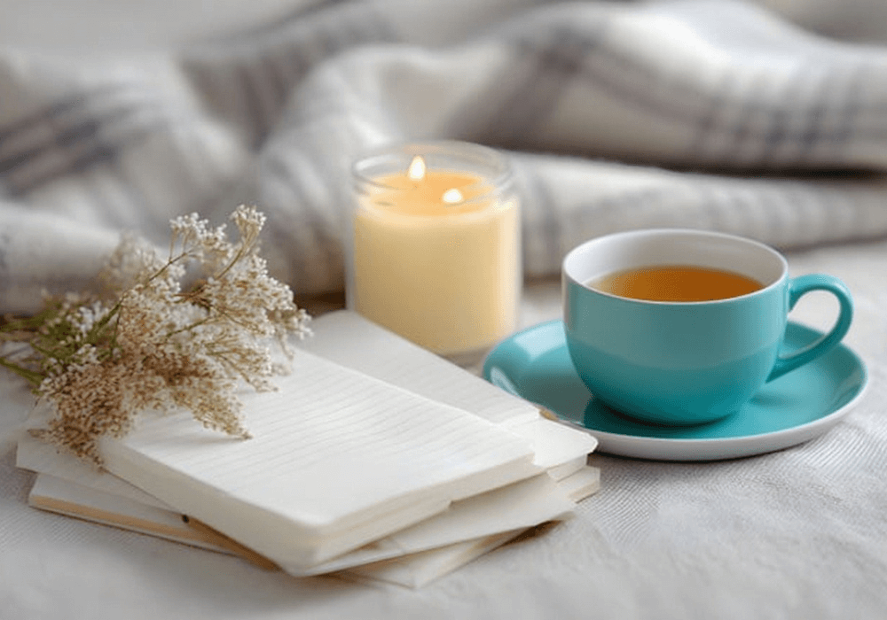 A photo of an empty journaling notebook, small flower bouquet, lit up candle, blanket, and teal teacup & saucer.