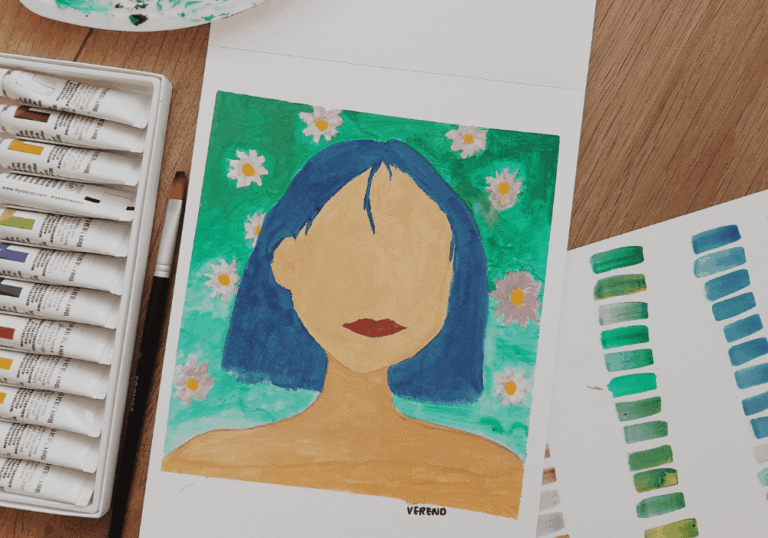 Painting of a woman with blue hair and no face.