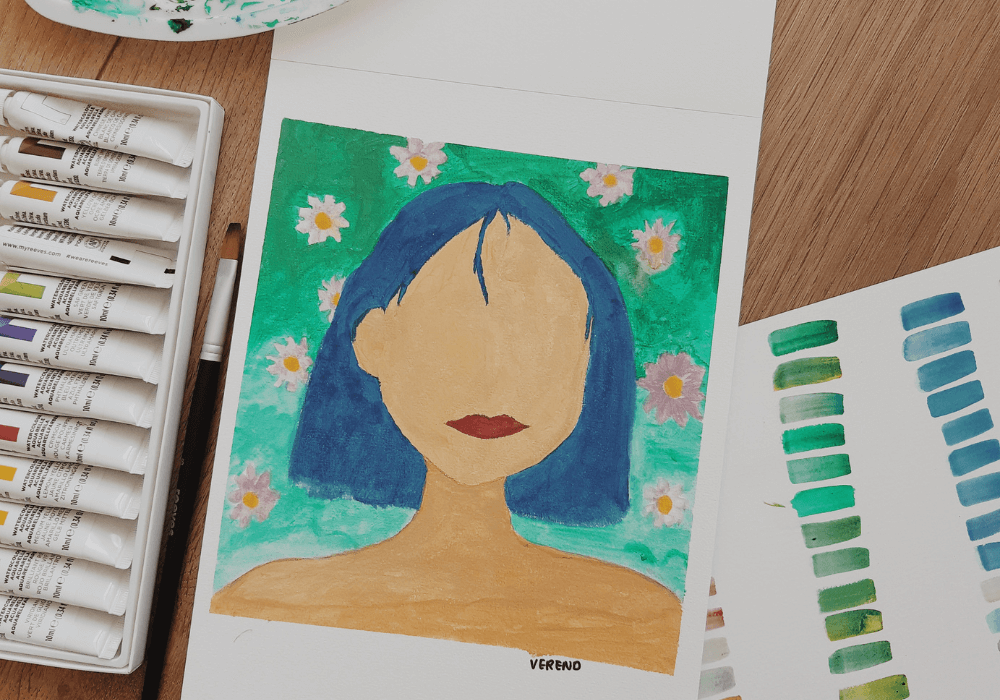 Painting of a woman with blue hair and no face.