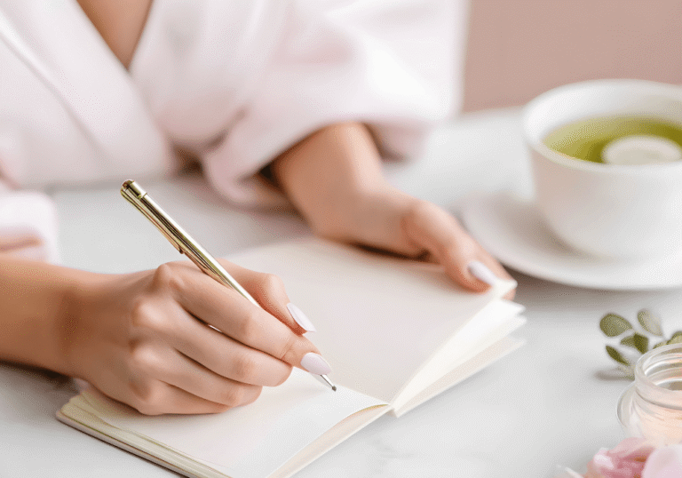 Photo of a woman setting goals on her notebook with a cup of tea to her left.